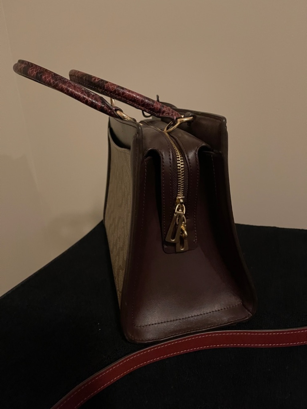 Coach Brown Signature Canvas Tote with Burgundy Leather Trim - Picture 12 of 16